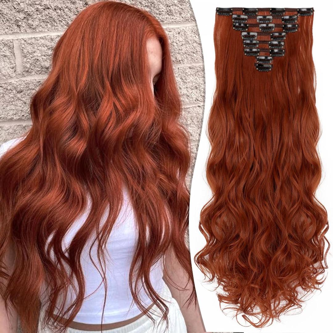 Clip in Hair Extensions 24 Inch 8PCS Copper Red Long Wavy Synthetic Hair Extensions Clip ins Thick Double Weft Hair Clip Extensions for Women