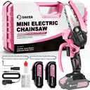 Saker Mini Chainsaw,Portable Electric Pink Mini Chainsaw Cordless,Handheld Chainsaw for Tree Branches,Courtyard, Household and Garden,By 2PCS 20V 1500mAh Batteries and 3 PCS Chains