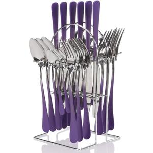 24 Pieces Flatware Set, Stainless Steel Cutlery Set with Silverware Holder, Modern Eating Tableware Set Includes Dinner Knives Forks Spoons,Hanging Silverware Set Service for 6 (Purple)