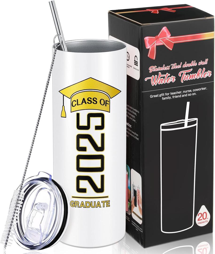 Patelai Class of 2025 Graduate Travel Mug for Her Him, Inspirational Graduation Gifts for College High School Student, 20 oz Insulated Water Tumbler with Straw Lid Brush(White)