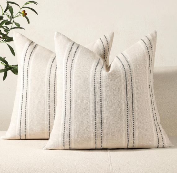 Hckot Hand Made Throw Pillow Covers 16x16 Set of 2 Striped Pillow Covers Textured Linen Decorative Pillows Square Cushion Covers for Sofa Couch Bed Living Room Farmhouse Decor