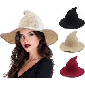 Halloween Witch Hat for Women - Wide Brim Foldable Wool Knitted Hat for Party Cosplay Costume Halloween Accessories (One Size, Off-white)