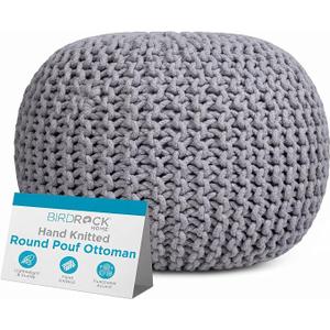 BIRDROCK HOME Round Pouf Ottoman Foot Rest - 18.5”x18.5”x15” Boho Compact Comfortable Soft Cotton Braided Foot Stool with Bean Bag Filling for Living Room, Bedroom, or Nursery (Light Gray)