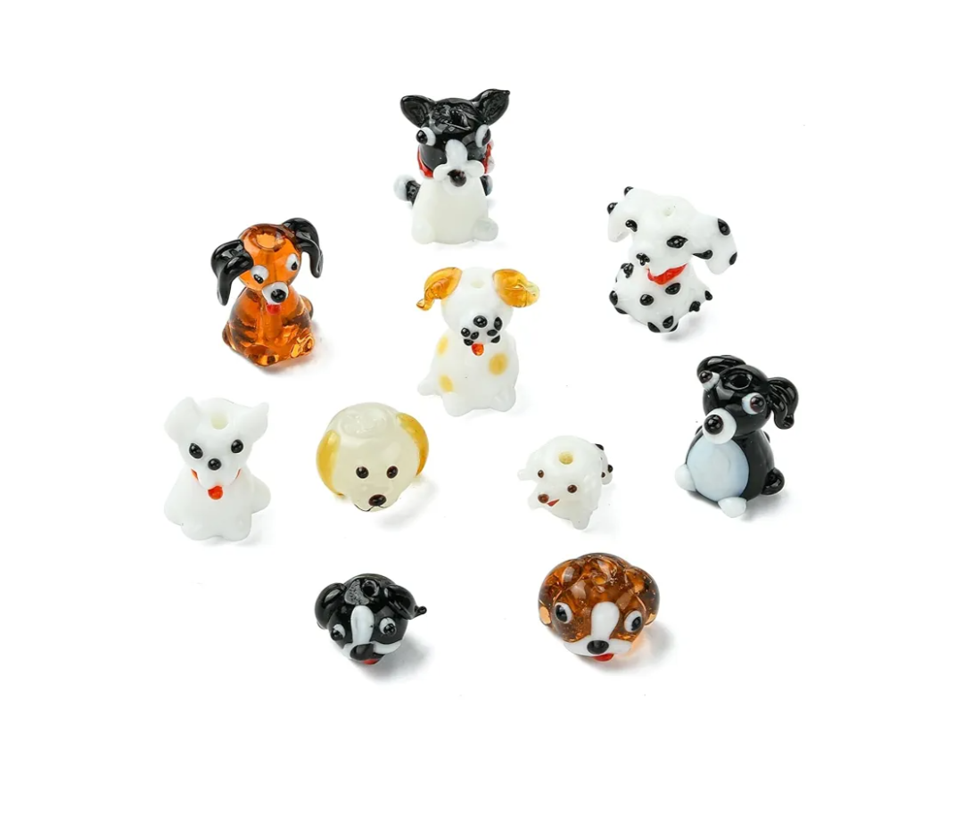 LiQunSweet 10 pcs 10 Styles Lovely Dog Theme Lampwork Beads Pet Animals Glass Beads for DIY Jewelry Making Bracelet Necklace Earring Crafts Bag Keychian Decor
