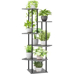 Plant Stand Indoor 6-Tier Metal Wood Plant Shelf for Multiple Flower Pots Corner Tall Flower Holders for Living Room Balcony Bedroom, Oak Grey