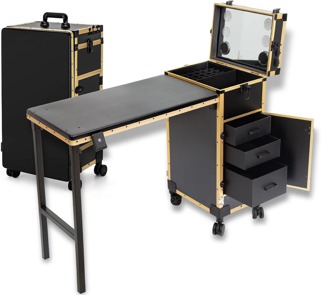 Rolling Manicure Table with 3 Drawers, Portable Nail Desk for Nail Tech, Foldable Nail Table Lockable Makeup Case with Mirror, Nail Polish Organizer, Mobile Nail Tech Workstation with Wheels