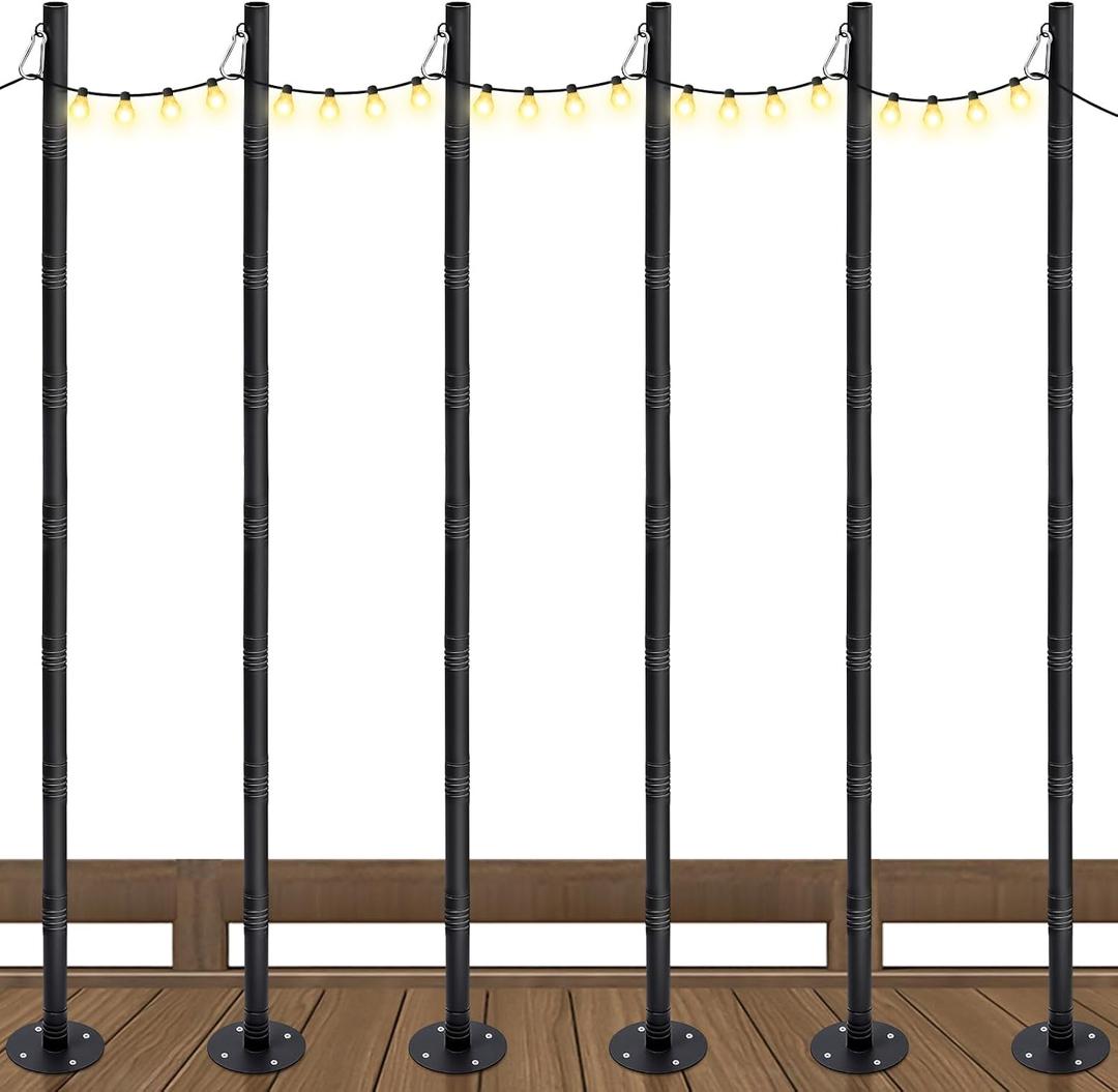 6 Pack 10 Ft String Light Poles for Outdoor String Lights, Heavy Duty Metal Outdoor Light Poles for Deck, Backyard, Garden, Patio, Wedding, Party