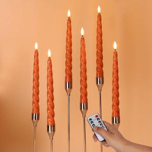 Orange Flameless Taper Candles with Remote, Spiral Fall Candles Battery Operated, Flickering LED Candlesticks, Set of 6
