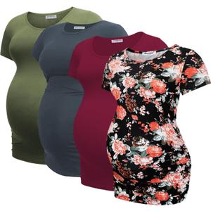 Bearsland 4 Pack Women's Maternity Shirts Crew Neck Maternity Top Short Sleeve Side Ruched Pregnancy Clothes (XL)