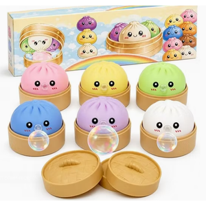 Dumpling Squishy Mystery Box - Squishy Dumpling with Bubble Blowing Feature, Bao Bun Stress Relief Toy, Soft Sensory Fidget Squeeze Toy with Steamer Box, Cute Desk Gift (6Pcs)