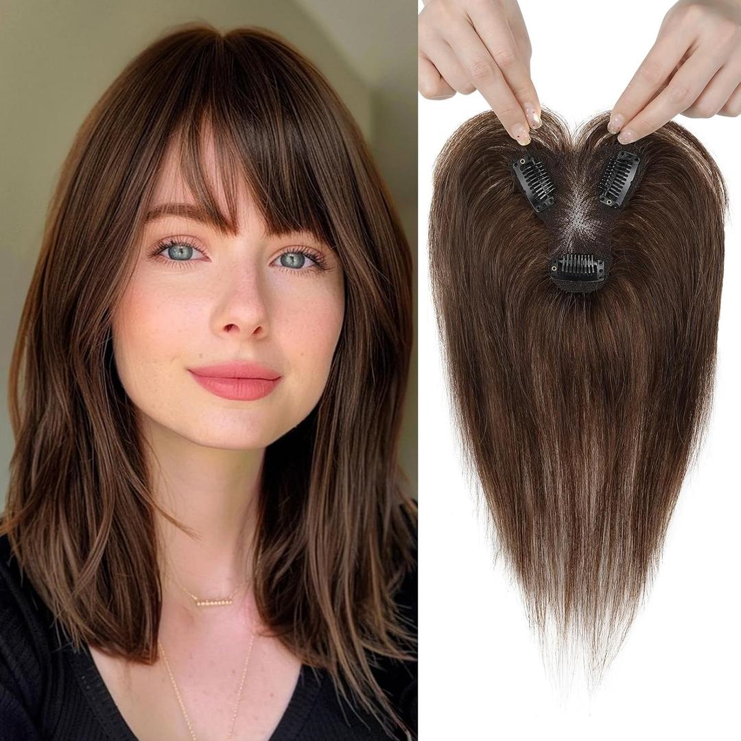 REECHO Hair Toppers for Women Real Human Hair, Seamless Human Hair Toppers with Bangs, 360 3D Cover Clip in Bangs Hair Extensions for Daily Wear, Medium Brown