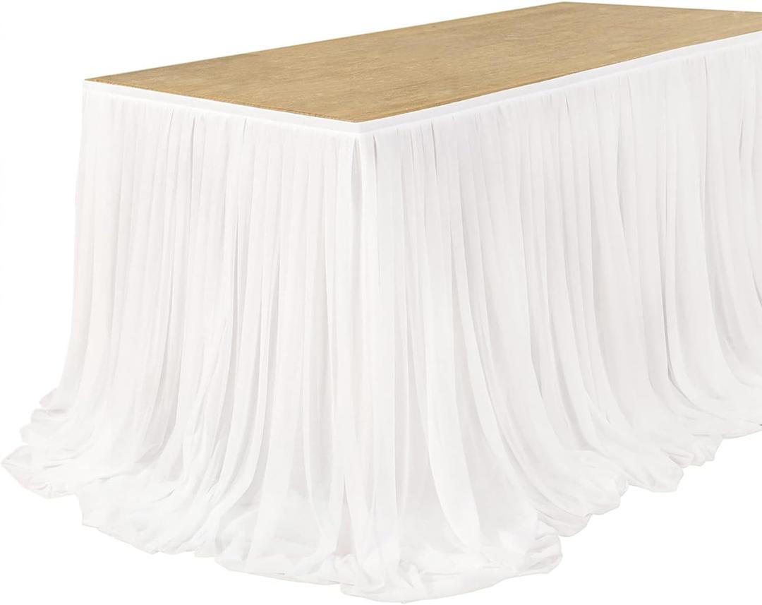 Ling's moment 9FT White Chiffon Table Skirt Recycle Use Extra Long Sheer Tablecloth for Backyard Wedding Reception Decorations Birthday Party Cake Dessert Decor