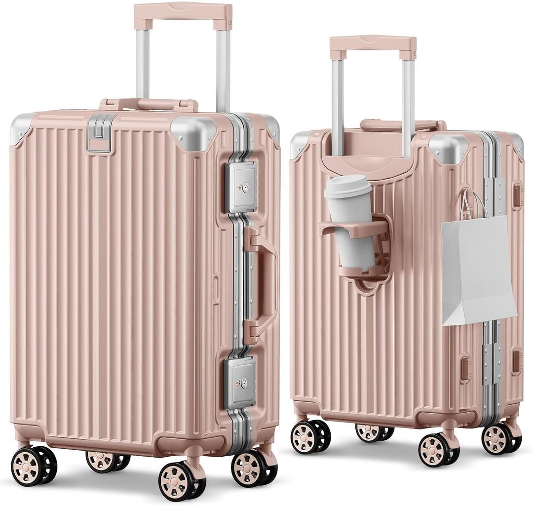 Carry on Luggage Aluminium Frame with Cup Holder, 20 Inch Zipperless Luggage with Spinner Wheels,Carry On Suitcase 22x14x9 Airline Approved for Business Travel