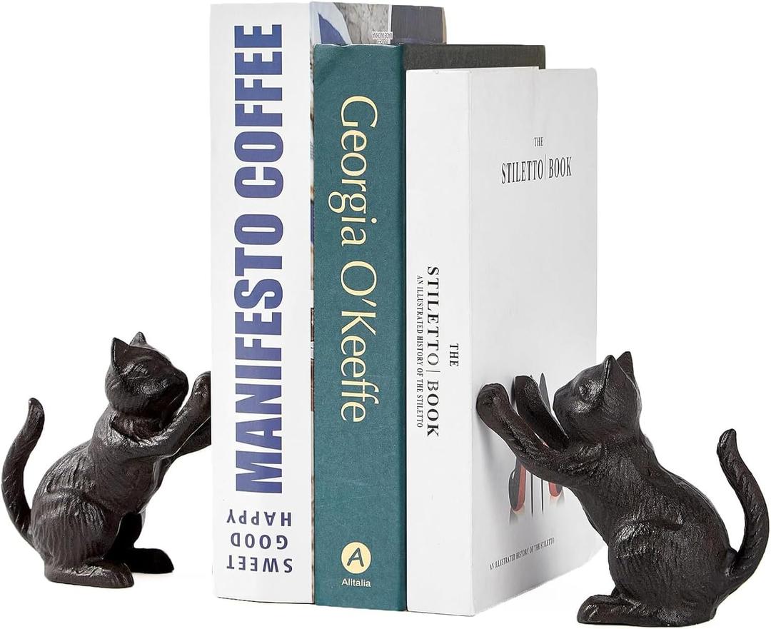 Denique Cat Decorative Bookends, Cute Book Ends to Hold Books, Bookends for Shelves, Unique Cast Iron Book Stopper for Heavy Books, Cat Office Decor, 1 Pair/2 PCS