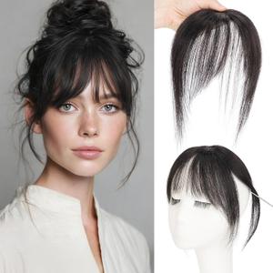 S-noilite Natural Black Bangs Hair Clip,Wispy Clip in Bangs Human Hair French Bangs Natural Curtain Fringe with Temples Hairpieces for Women Clip on Bangs Daily Wear