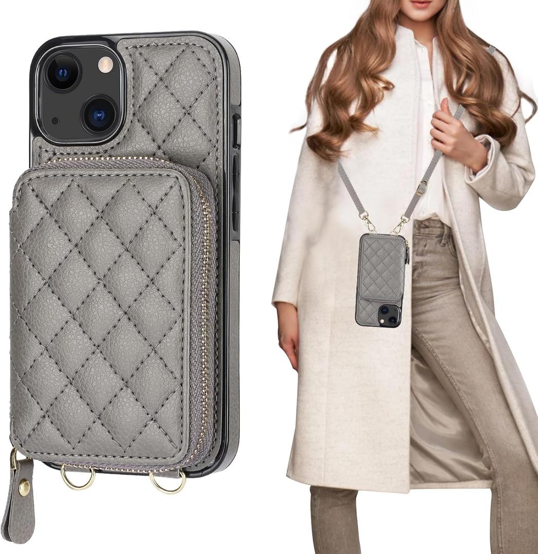 Bocasal Crossbody Wallet Case for iPhone 13, RFID Blocking PU Leather Zipper Handbag Purse Flip Cover, Kickstand Folio Case with Card Slots Holder Wrist Strap Lanyard 5G 6.1 Inch (Grey)