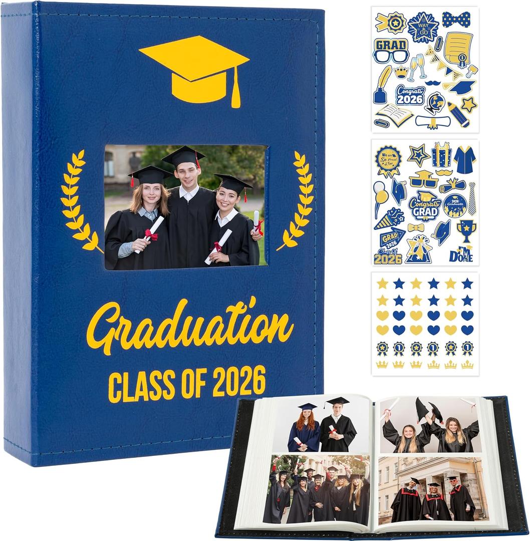R HORSE Class of 2026 Graduation Photo Album Holds with Stickers, 200 Pocket 4 x 6 Inch Memory Photo Books, 2026 Graduation Leather Album with Front Window, DIY Craft College High School Graduate Gift