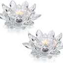 Crystal Lotus Flower Tealight Candle Holders/Glass Tea Light Candlestick Decor Decoration for Christmas Home Wedding Party (Clean 2pcs)
