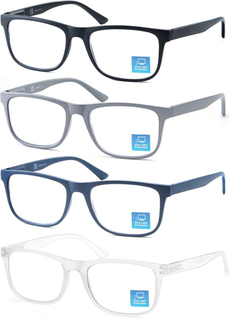 OLOMEE Blue Light Blocking Reading Glasses Mens Large Wide Oversized Square Computer Readers Glasses +1.75 for Men with Big Head/Large Face 4 Pack