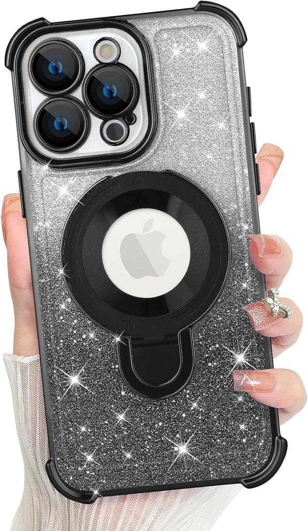 KANGHAR for iPhone 16 Plus Case, Support for MagSafe [Four Corner Cushion Series] Kickstand Electroplate Edge Shockproof Durable Full Body Protection for Girls Women -Black