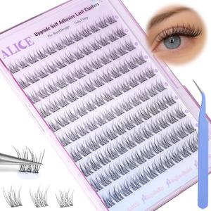 ALICE Self Adhesive Eyelashes Natural Self Adhesive Lash Clusters No Glue Needed Wispy Reusable Press on Lashes Pre-Glue 10-12mm 120pcs DIY Eyelash Extensions Kit with Lash Tweezers