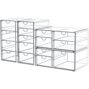 caktraie Makeup Organizer Storage With 16 Drawers, 4 Pcs Desktop Office Supplies, Desk Organizers, Clear Accessories, Dustproof Storage Drawer and for Make Up, Jewelry, Pen, Stationary