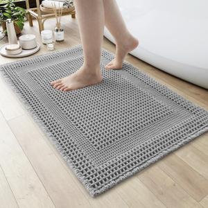 AMOAMI Waffle Bath-Mat, Absorbent Bath Mats for Bathroom Non Slip, Machine Washable Bathroom Rugs with Tassels Ultra Soft Boho Bath Rugs for Floor 17"x24" Grey