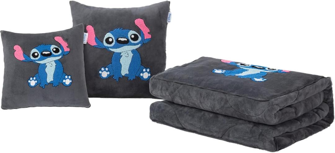 Stitch Blanket and Pillow - 2 in 1 Airplane Travel Blanket Compact with Soft Bag Pillowcase for All Season Super Cozy Soft Flannel Throw Blankets for Home Couch, Bed, Sofa (60""x75""), Grey