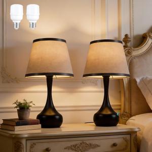 17" Touch Table Lamp for Bedroom Set of 23-Way Dimmable Bedside Lamps for NightstandSmall Lamp with Linen Shade for Bedroom, Living Room, Kids Room, Office (9W LED Bulb Included)