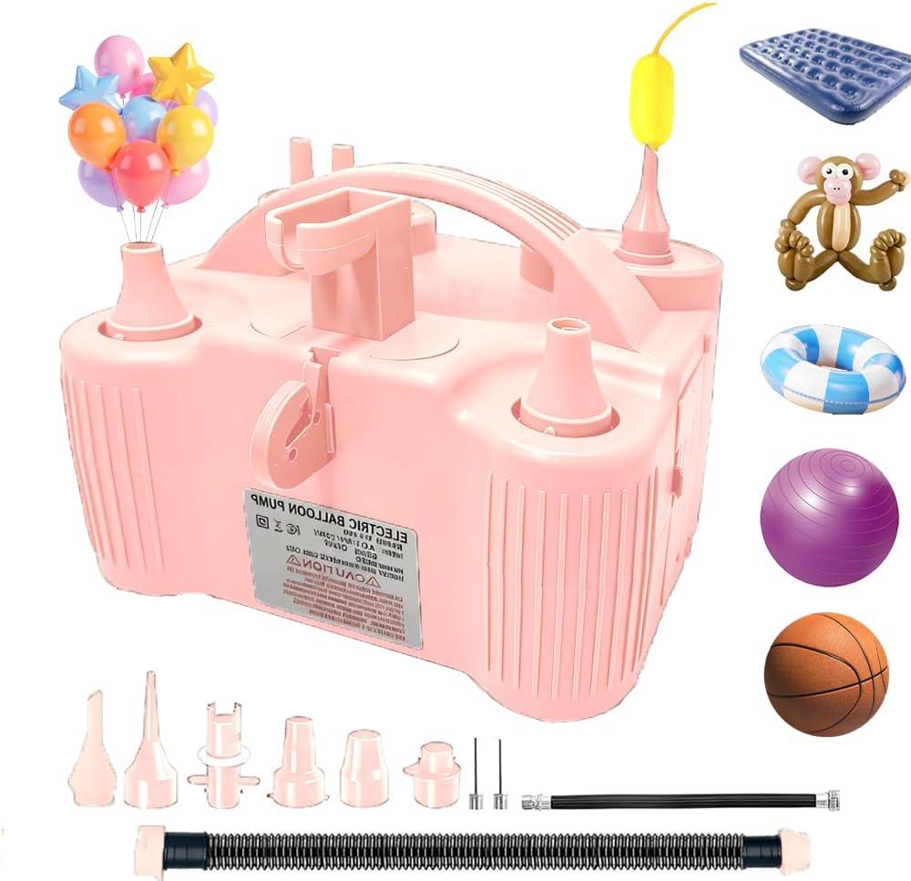 4-in-1 Electric Balloon Pump for All Balloons, Inflatables, and Sports Balls, Portable High Power Triple Inflating Ports for Latex Foil 260q Mylar Balloon (Pink)
