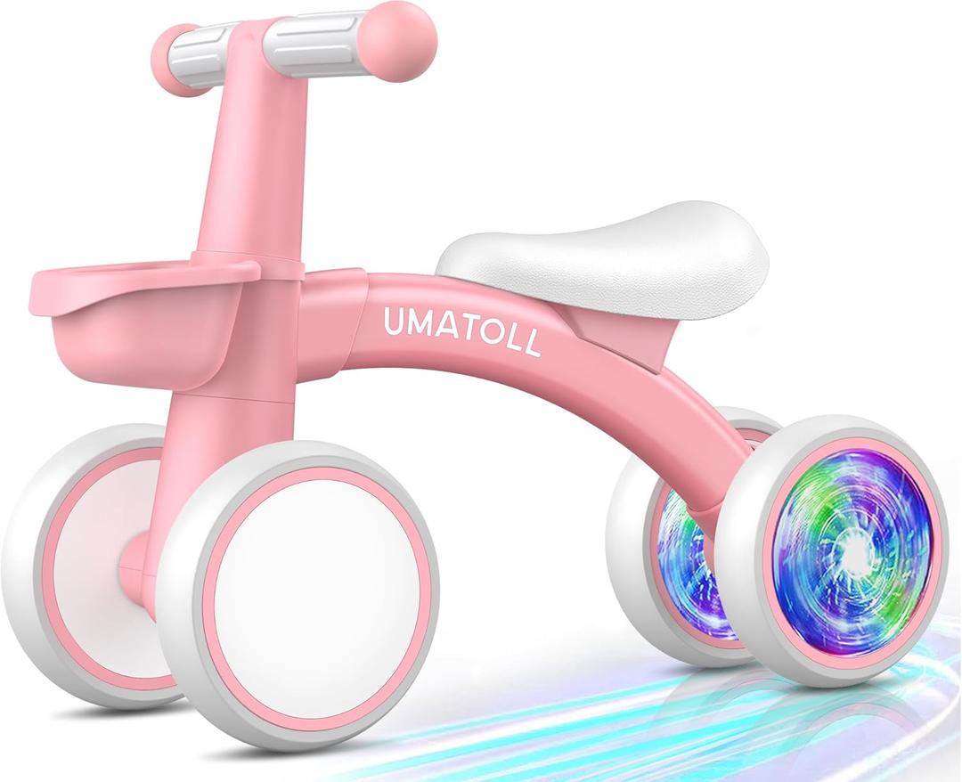 Umatoll Colorful Lighting Baby Balance Bike Toys for 1 Year Old Girls Gifts, Adjustable Seat, 1st Birthday Gifts, 12-24 Months Toddler Bike, Removable Basket, Pink