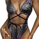 Women's Metallic Snakeskin One Piece Swimsuits Rave Outfit Bathing Suits (Medium, Multicolor)
