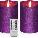 Retisee 2 Pcs Purple Glitter Flameless Candles, 3.5'' x 5'' Realistic Artificial Metallic Flame LED Candles Battery Operated Candle with Remote for Halloween, Christmas, Wedding, Birthday