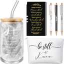 Spakon 6 Pcs Christian Graduation Gifts for Women Bible Verse A6 Leather Journal Notebook 16 oz Glass Cup Glitter Ballpoint Pen Makeup Bag Inspirational Teachers Day Gifts for Church(Black)