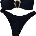 SHENHE Women's 2 Piece Strapless Swimsuits High Cut Metal Ring Tube Top Bandeau Bikini Set (Black,Small)