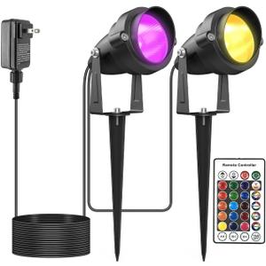 Christmas Spotlights Yard Spot Lights with Timer Colored Warm White 10W RGB Outdoor LED Landscape Light IP65 Waterproof Uplight with Spiked Stand for Lawn House Flag Pathway Porch (2 Lights)