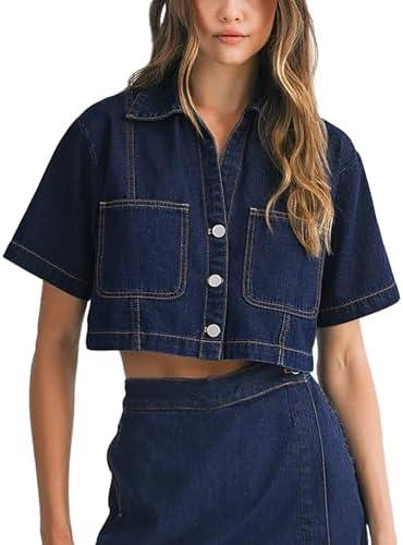 POTILI Women's Denim Top, Short Sleeve Cropped Denim Jacket Button Down Casual Jean Jacket Shirt with Pocket, Large