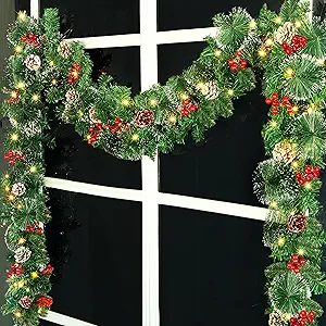 ATDAWN 9 Foot Christmas Lighted Garland, Battery Operated Christmas Garland with Lights, Garland Wreath with Pine Cones for Indoor Home Winter Holiday New Year Xmas Decorations