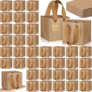 Kolldenn 50 Pcs Small Brown Gift Bags with Handles 4"4"4" Mini Kraft Paper Square Gift Bags Bulk with 50 Blank DIY Tags for Wedding Birthday Graduation Shopping Business Party