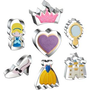 Princess Cookie Cutter Set - 7 Piece - Crown, Heart, Castle, Dress, Mirror, Princess, High Heel Cutters Shapes Fondant Biscuit Molds - Gifts for Mom Wife Sister Female Friends Girlfriend Nurse Her