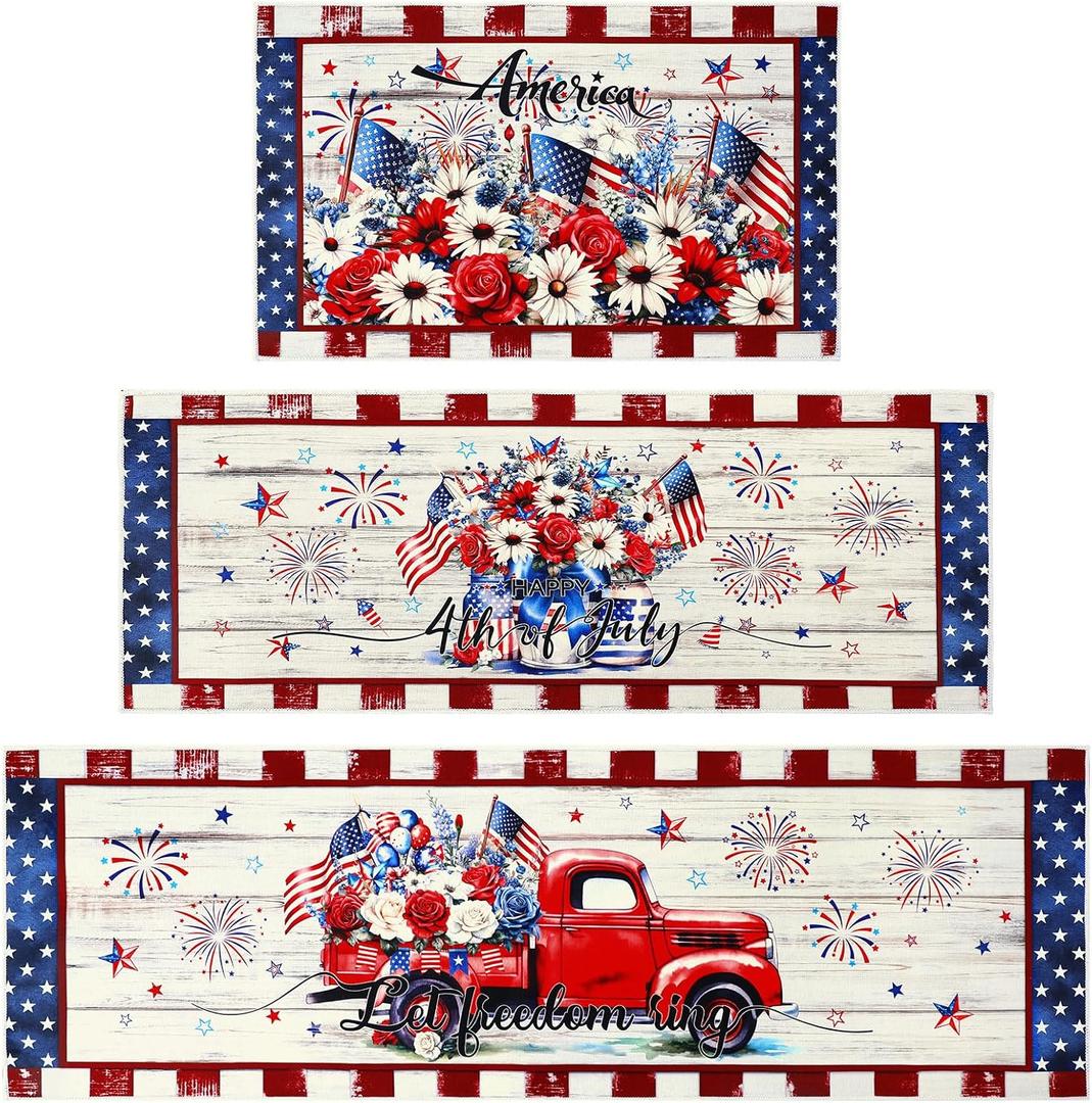 Drydiet 3 Pcs 4th of July Kitchen Rugs Patriotic Kitchen Floor Mats Independence Day Memorial Day American Rugs Non Slip Washable Mats for Home Bedroom Bathroom, 20 x 32, 20 x 47, 20 x 59 Inch