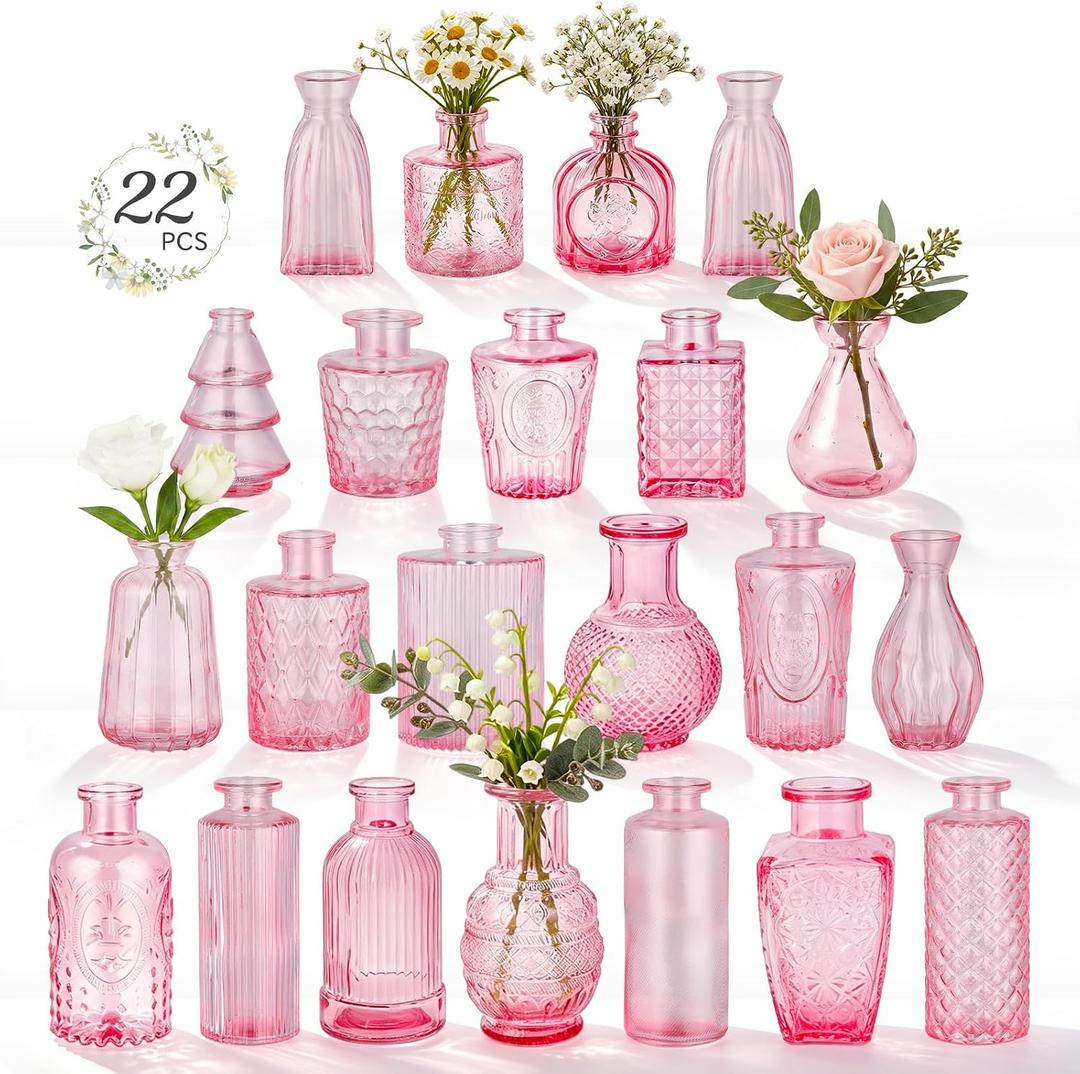 RUCKAE 22 Pack Pink Small Vases Glass Mini Bud Vase in Bulk Vintage Pink Flower Vases for Wedding,Centerpieces Home Decor and Party