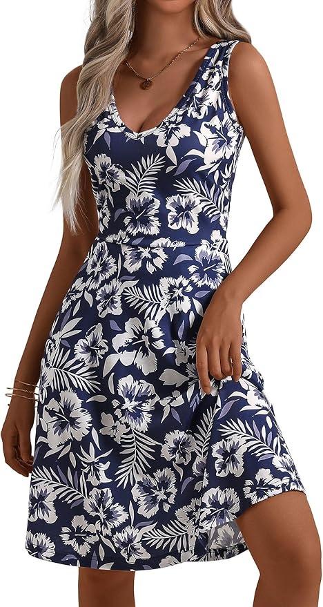HUHOT Womens Sleeveless V Neck Dress with Pocket Summer Beach Midi Flared Tank Dress, Size M 