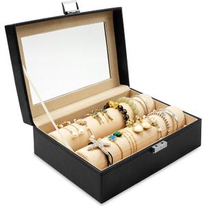 Bracelet Display Holder with Rods, Leather Jewelry Organizer Box with Transparent Lid, Bangles Watches Storage Display Case for Necklaces, Earrings, Rings, Women, Black - 10.2 x 7 x 3.7 Inch