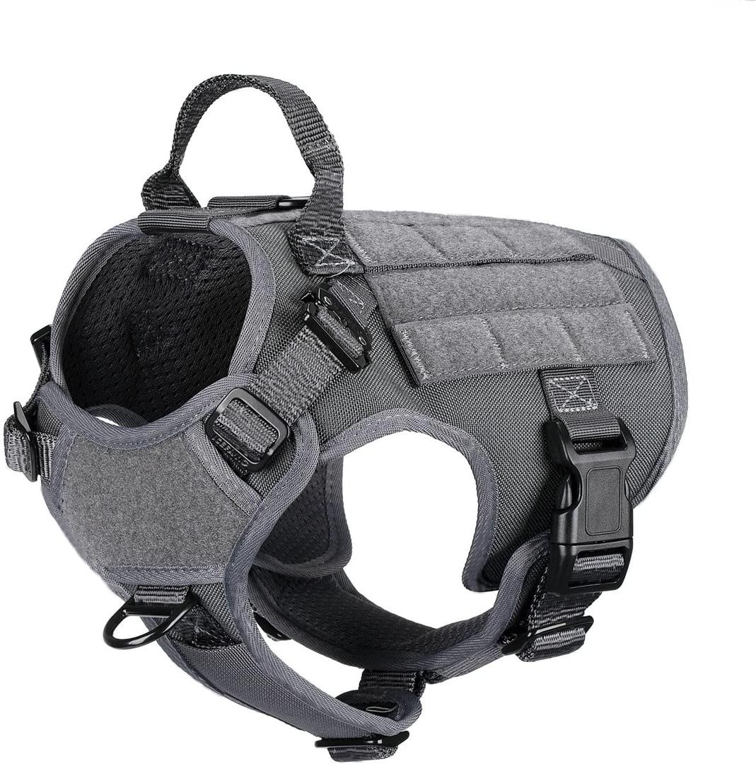 ICEFANG Tactical Dog Harness, Small Size,2X Metal Buckle,Working Dog MOLLE Vest with Handle,No Pulling Front Leash Clip,Hook and Loop Panel (Small (Pack of 1), Grey)