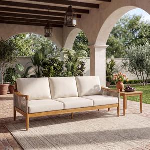 Christopher Knight Home Jara Acacia Wood Outdoor 3 Seater Sofa Couch with Water-Resistant Thick Cushions, Patio Lounge Sofa with Woven Rope Arm, Outdoor Daybed for Porch Garden Balcony, Teak+Beige, Large