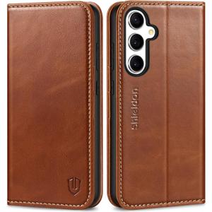 SHIELDON Wallet Case for Galaxy S24 FE 5G, Genuine Leather Wallet RFID Blocking Card Holder Kickstand Magnetic Folio Protective Case Compatible with Galaxy S24 FE - Retro Brown