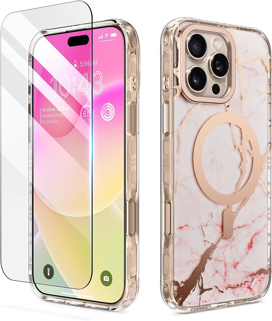 6 x MATEPROX Magnetic Marble Compatible with iPhone 16 Pro Case 6.3'' [2024],Stylish 3D Pattern Protective Phone Cases [Compatible with MagSafe] with Screen Protector Lanyard-Frosted Pink