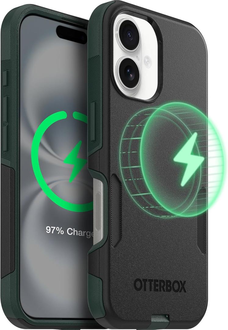 OtterBox iPhone 16 (Only) Commuter Series Case Built-in MagSafe Thin, Dual-Layer, Pocket-Friendly, Port Cover Forest Night (Black/Green)