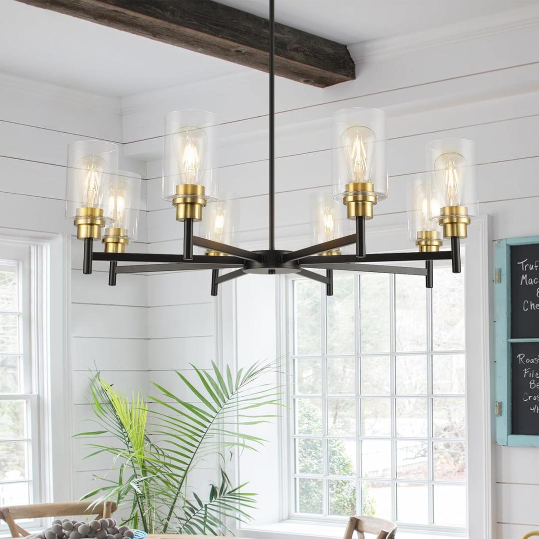 Black Chandeliers for Dining Room, Farmhouse Chandeliers 8 Light Dining Room Light Fixture with Clear Glass Shades Gold Pendant Lighting for Kitchen Island Living Room Entryway Staircase
